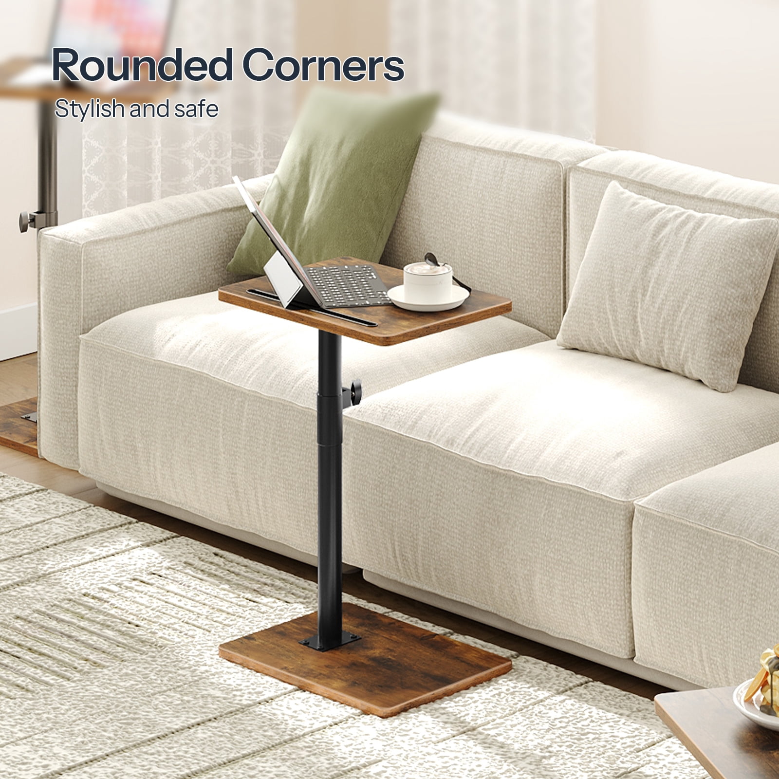 HOOBRO Adjustable C-Shaped TV Tray Table - Height Adjustable 16.5''-31.5'', 360° Swivel End Table with Cup Holder & Device Stand - Perfect for Small Spaces, Living Room, Bedroom ,Rustic Brown