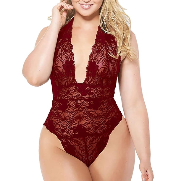 Gibobby Conjunto de lencería Sexy Lencería de dos piezas para mujer, sexy con encaje floral, escote en V profundo, brasier inalámbrico y tanga exótico(Vino, M)