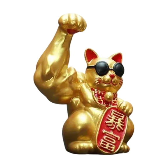 WINDLAND Unique Resins Lucky Cats Sculpture with Muscular Arm Designs for Attracting Wealth and Good Fortunes Figurine Ornament