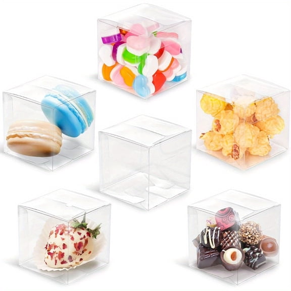 50 Pack Clear Plastic Treat Boxes, 2x2x2 Inches Transparent Favor Boxes for Wedding, Baby Shower and Party Gifts
