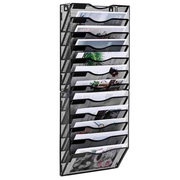12 Pockets Hanging File Folder, Paper Organizer Storage, Document Rack, Mail Holder, Magazine Rack, Wall Organizer for Office, Black