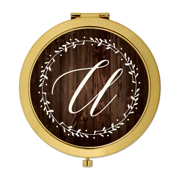 Koyal Wholesale Gold Compact Mirror Bridesmaid's Wedding Gift, Rustic Wood with Laurels, Monogram Letter U, 1-Pack