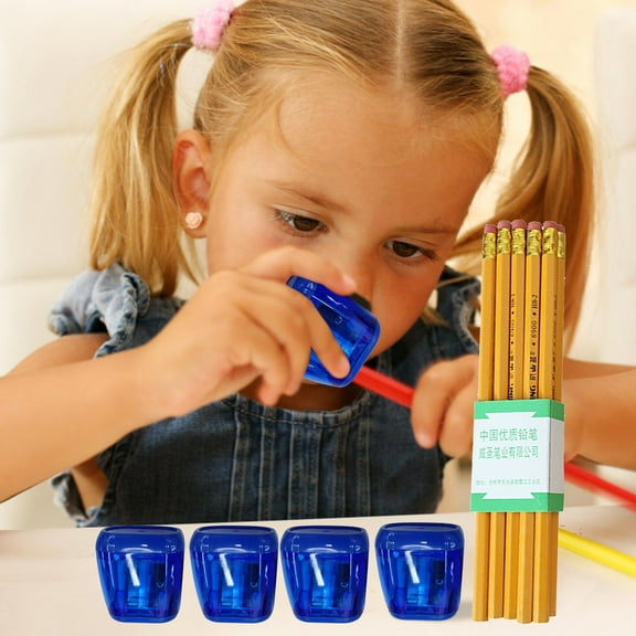 Geometric Pencil Sharpener Set,4-Piece Double Hole Sharpeners with 10 Pencils,Sketch Supplies,Blue