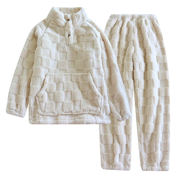 Gibobby Pijama de algodón para mujer Conjunto de pijama a cuadros de franela para mujer, pantalones de manga larga, ropa informal cálida y gruesa(Blanco,G)