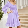 thumbnail image 7 of IROINNID Long Sleeve Dress for Women Solid Spring and Summer Long Sleeve Belt Waist Ruffle Sleeve Round Neck Dress,Purple, 7 of 7
