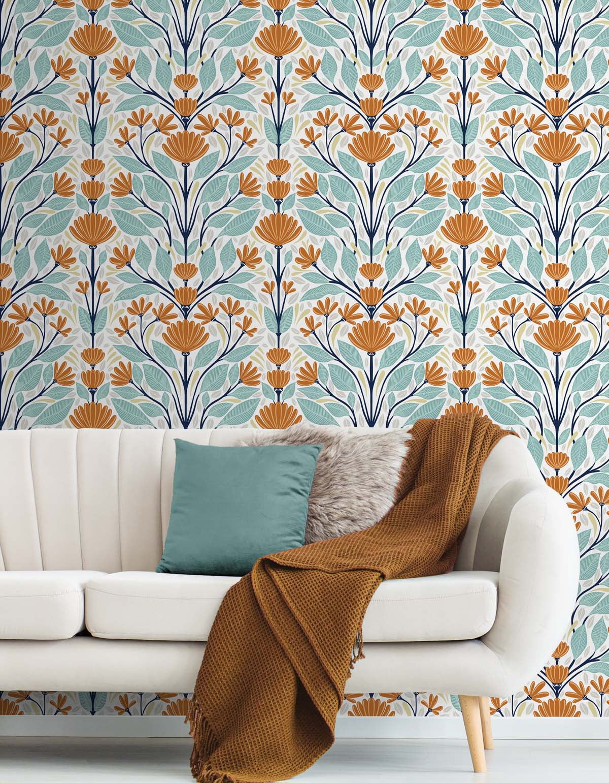 NextWall Verdigris & Orange Folk Floral Peel and Stick Wallpaper