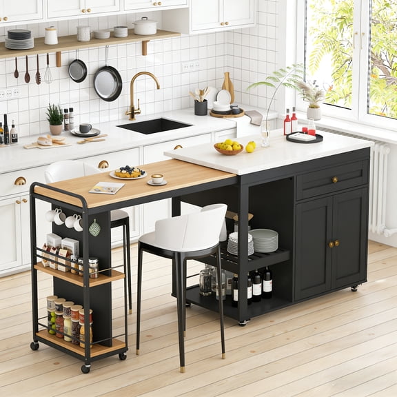 JassmiPkwy 77.8 Inch Rolling Kitchen Island with Extendable Dining Table, with Wheels, Sided Storage Shelf, Black