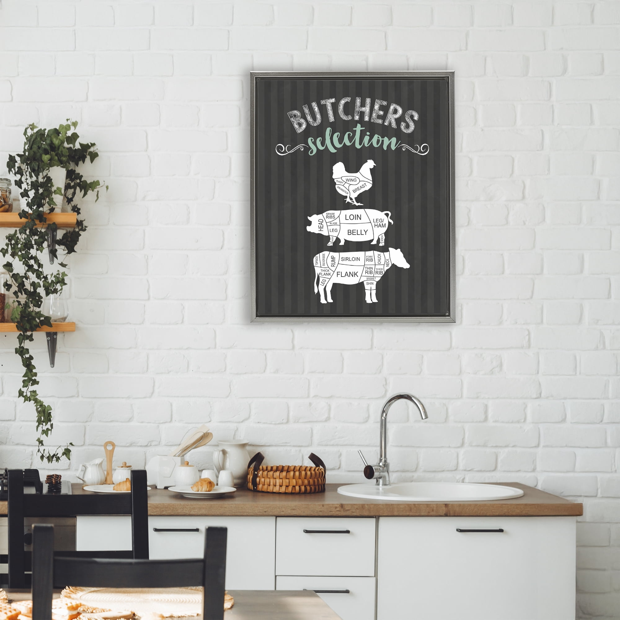 Butchers Selection Animal Sections Gray Framed Floater Canvas Wall Art, design by Lettered and Lined
