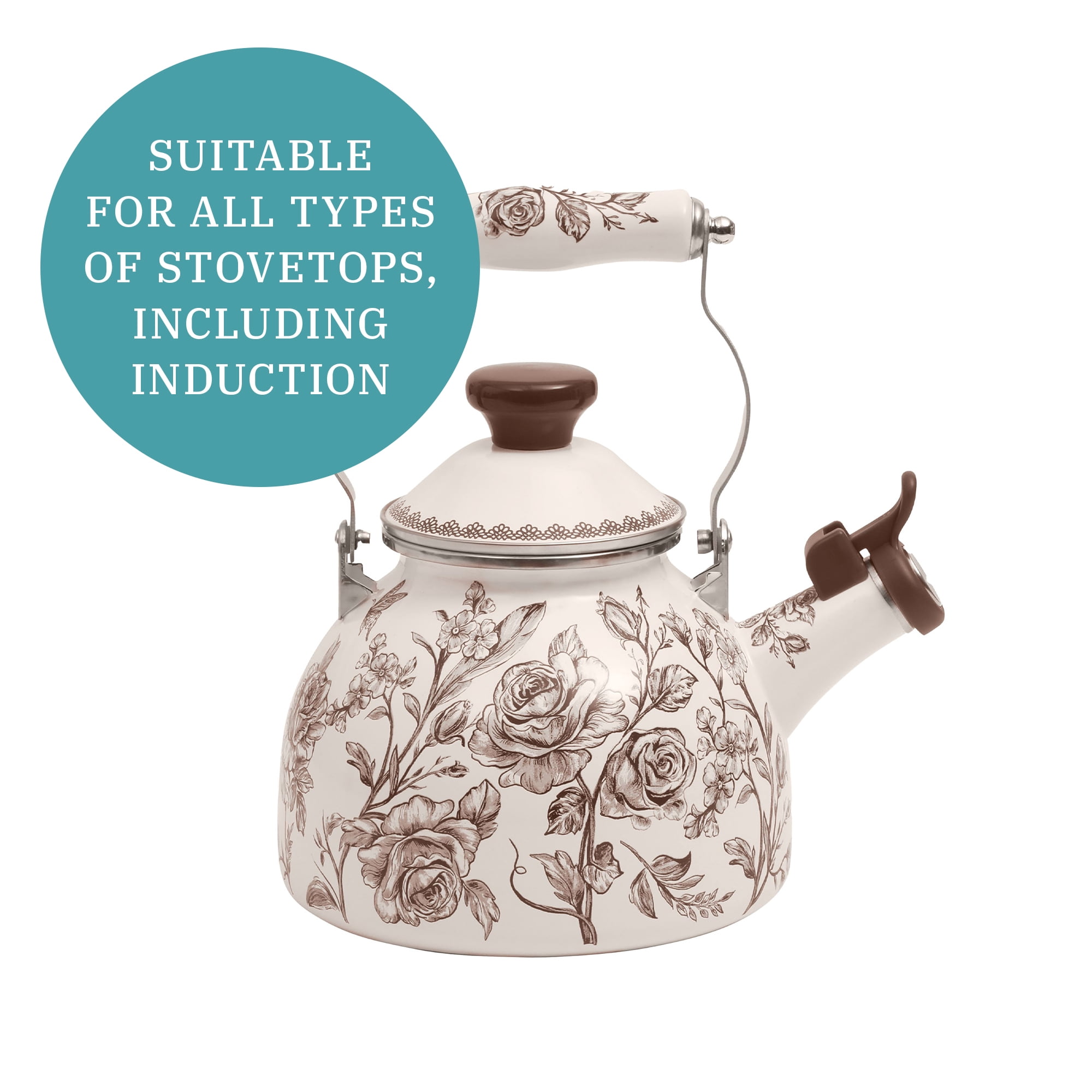 The Pioneer Woman Agatha 2.0-Quart Whistling Tea Kettle, Enamel on Steel, Brown