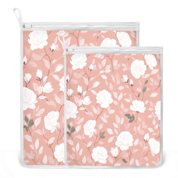 2 Pack Mesh Laundry Bags Elegant White Rose Design Durable Polyester Wash Bags with Zipper 2 Sizes Reusable Delicates Bag for Washing Machine Travel Storage