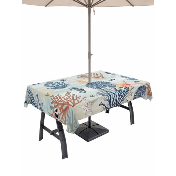 Outdoor Tablecloths with Umbrella Hole & Zipper, Blue Coastal Rectangle Tablecloth 60x120 Inch, Summer Beach Coral Shell Starfish Seahorse Waterproof Table Cloth, Patio/Pool/Picnic Table Covers