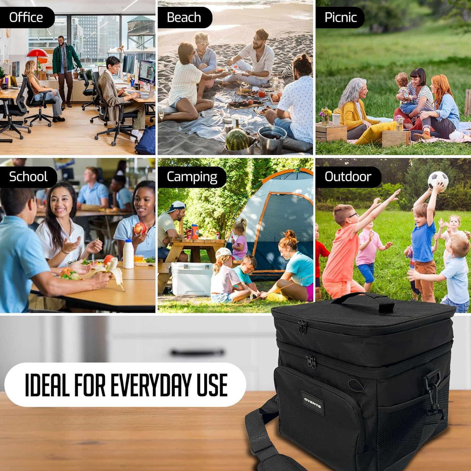 OVENTE Collapsible Soft Cooler Bag, Insulated Lunch Bag with Double-Deck Leakproof Compartments, Waterproof Exterior, Portable for Work, Travel, Beach, Camping and Road Trips, Black CCBI024B