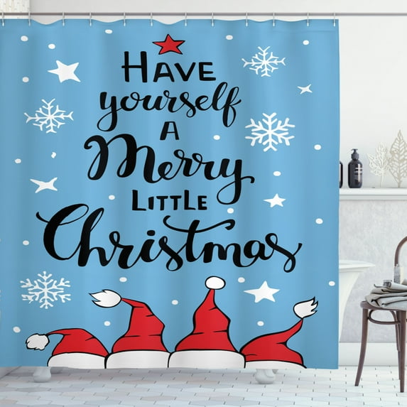Ambesonne Christmas Shower Curtain, Merry Little Xmas on Blue, 69"Wx70"L, Sea Blue Vermilion