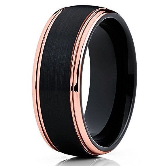 Tungsten Wedding Band Rose Gold Tungsten Ring Black Brushed Ring Dome Tungsten 8mm Comfort Fit