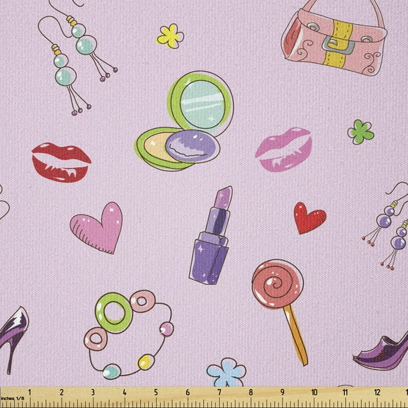 Cartoon Fabric by The Yard, Girls Illustration with Fashion Accessories and Makeup Lollipop Flower Print, Stretch Knit Fabric for Clothing Sewing and Arts Crafts, 2 Yards, Multicolor, by Ambesonne