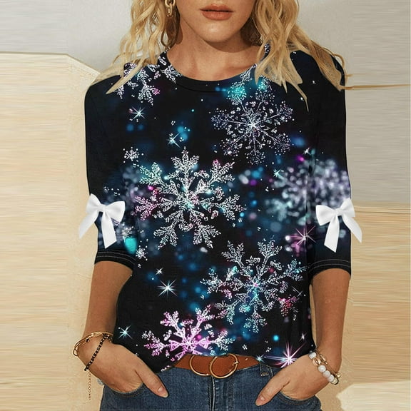 Women's Plus Size Christmas Round Neck Three-Quarter Sleeve Casual Loose Blouse