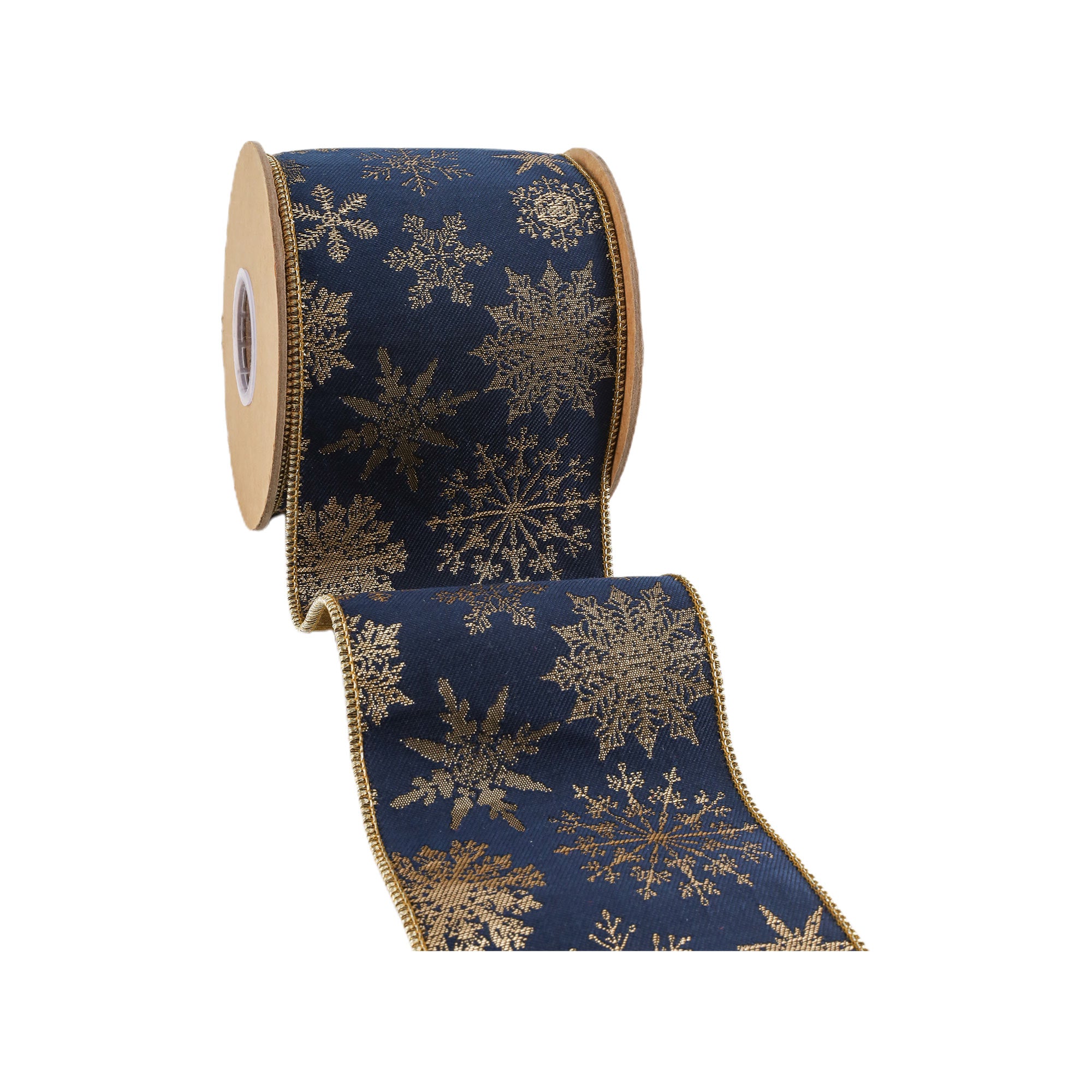 LaRibbons 4" Wired Jaquard Ribbon, Blue Snowflake w/ Tissue Backing, 5 Yard Roll