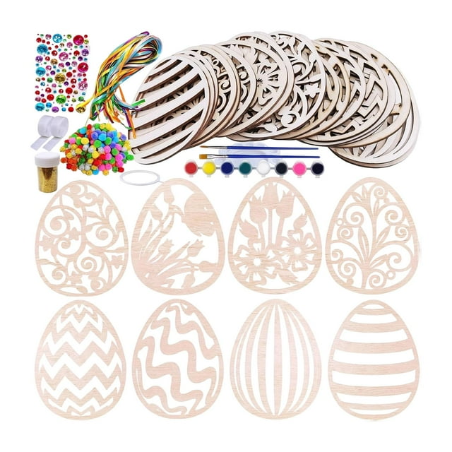 Adornos de huevos de madera con recortes de Pascua, diferentes patrones y decoraciones colgantes. Estilo A