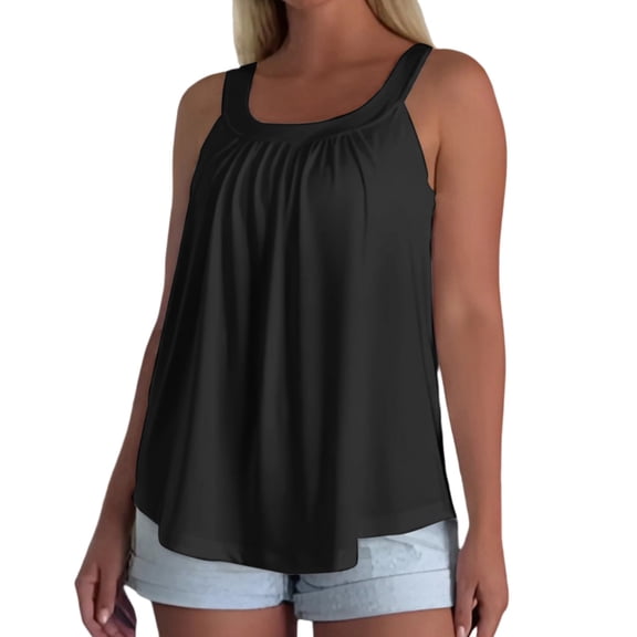 Summer Tank Tops for Women Loose Fit Pleated Sleeveless Top Square Neck Camisole Tank Tops with Built in Bra Basic Shirts Curved Hem Flowy Cute Beach Vacation Outfits Black L