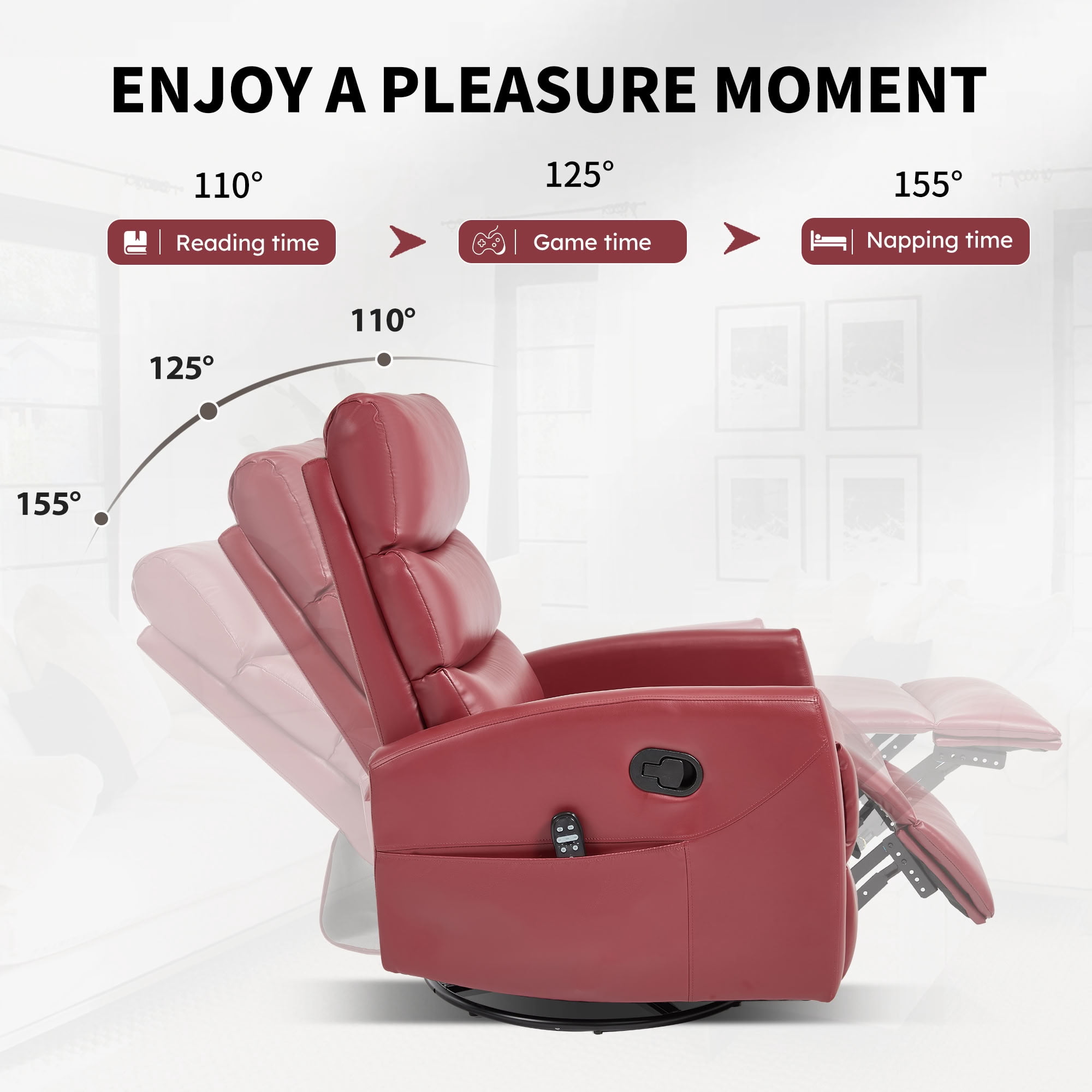 MAYEERTY 360 Degree Swivel Rocker Recliner Chair, Manual Recline Faux Leather Glider Chair with 8-Point Vibration Massage & Lumbar Heat, for Living Room Nursery Bedroom