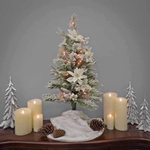 National Tree Company 3 ft. Pre-Lit Feel Real® Artificial Colonial Fir Pencil Slim Christmas Tree, Green, Flocked, White Berries, White Poinsettias, 50 Clear Lights, Includes Stand