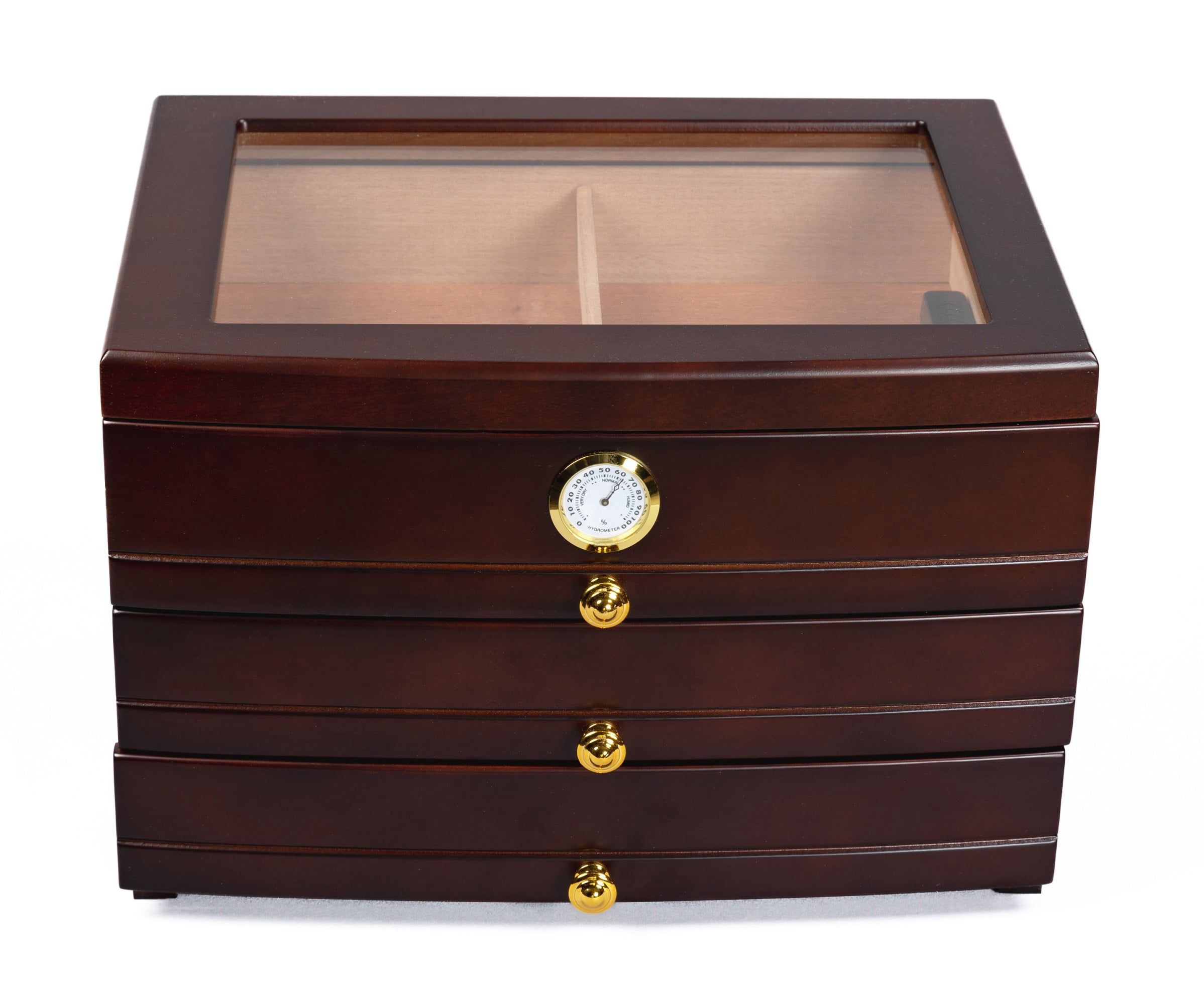 Regent Glass Top Cigar Humidor w/ 3 Drawers - Dark Mahogany Finish - Capacity: 75