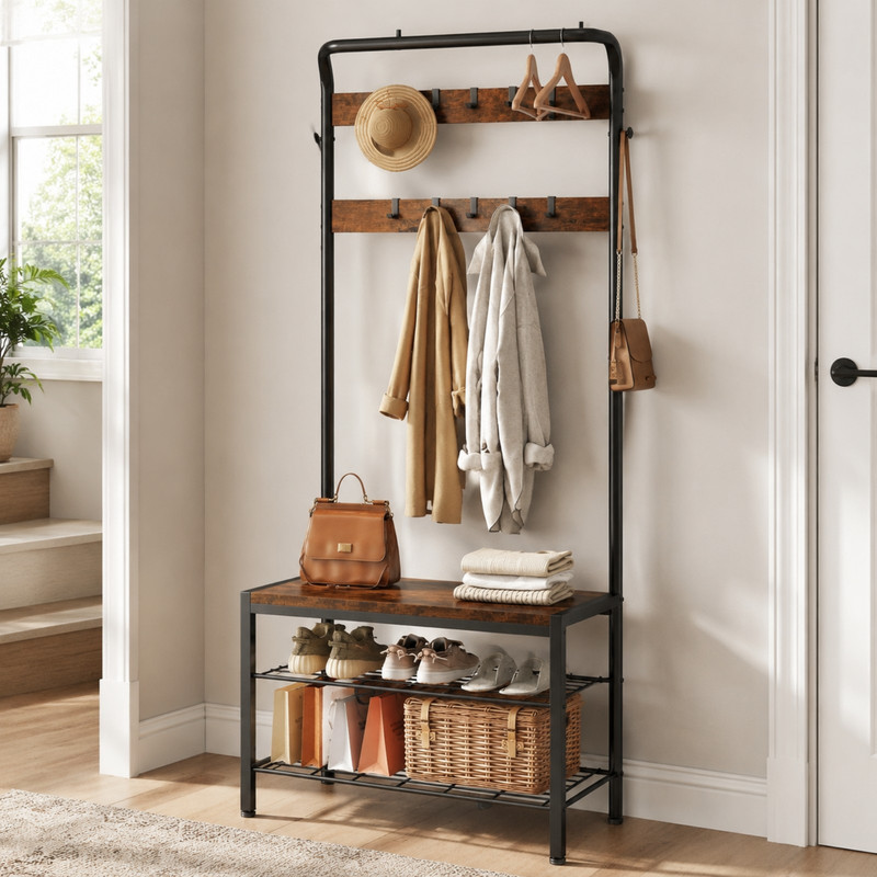 BEAUTYPEAK 5-in-1 Hall Tree 72"x28" Entryway Coat Rack with Shoe Bench Hanging Rod 10 Movable Hooks and 2-Tier Shoe Storage, Rust