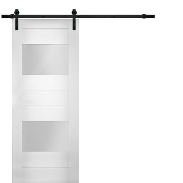 Modern Barn Door 28 x 80 inches Opaque Glass 2 Lites / Sete 6222 White Silk / 6.6FT Rail Track Heavy Hardware Set / Solid Panel Interior Doors