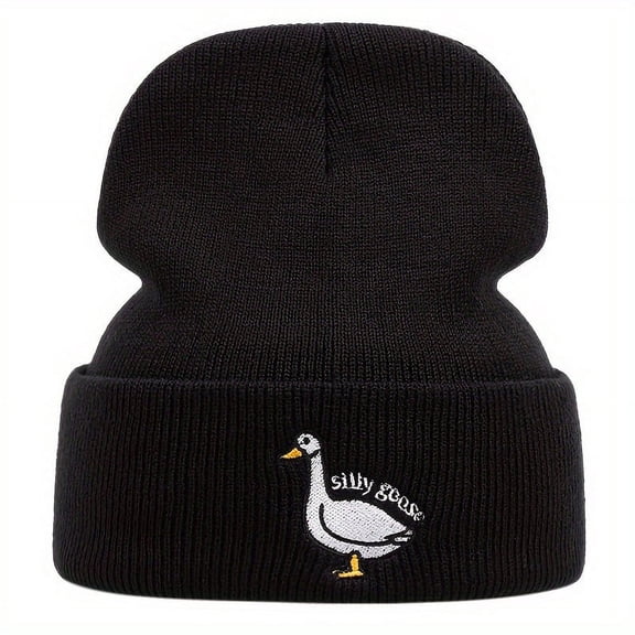 Vergiac Cartoon Silly Goose Embroidered Knit Beanie, Unisex Hip Hop Warm Winter Skull Cap for Outdoor Daily Wear