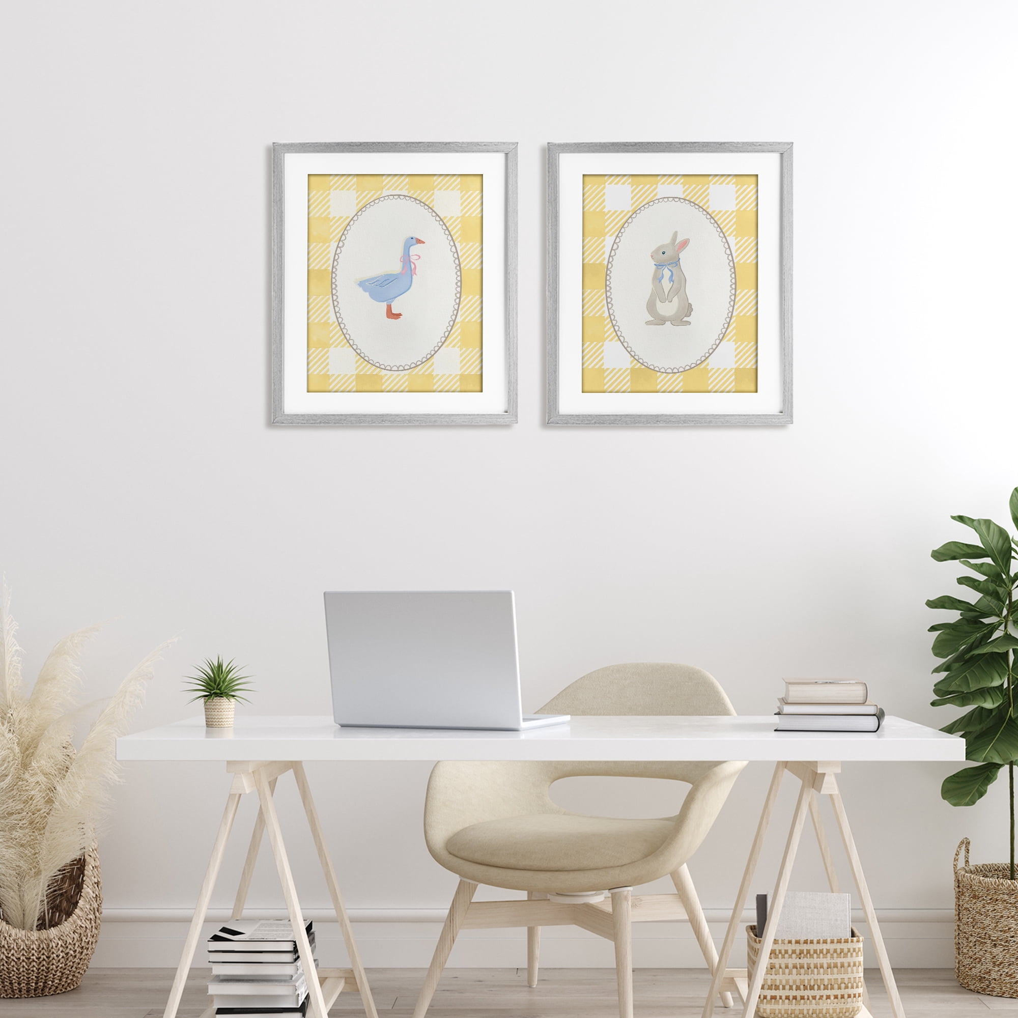 Stupell Industries Goose & Bunny Yellow Gingham 2 Piece Gray Framed Print Under Glass Set, design by The Paper Curator
