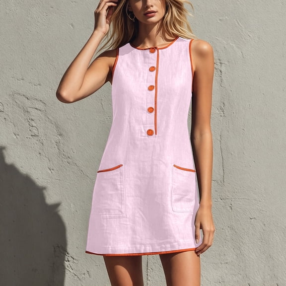 Wovilon Women's Sleeveless Round Neck Shift Dress with Contrast Piping and Button Front, Cotton Linen Blend Casual Summer Mini Dress for Vacation and Daily Wear