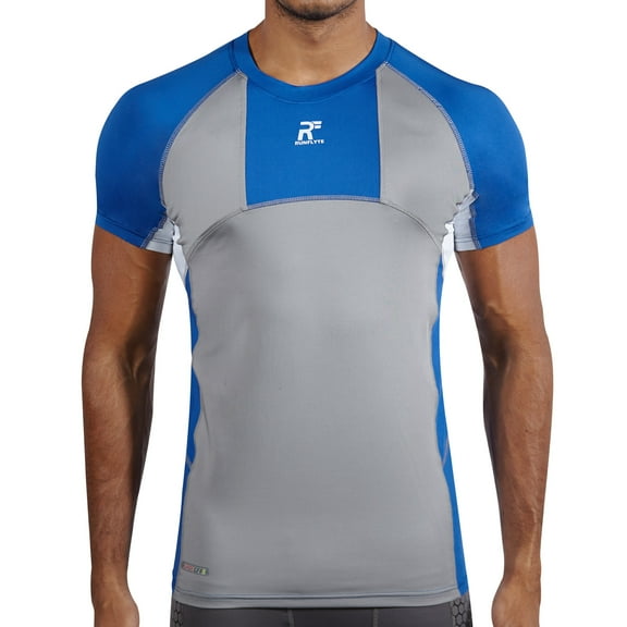 RunFlyte Men's Contour Panel Compression Short Sleeve T-Shirt - Moisture Wicking Royal Blue/Grey/White f1213-bgw