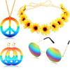 BRB Group _ 4 Pieces Hippie Costume Set Includes Rainbow Peace Sign Necklace Earring Sunflower Headband and Round Hippie Sunglasses 60s 70s Party Accessories Peace Set