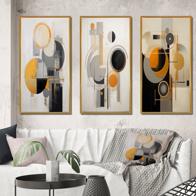 Designart "Retro Possibility Circular Energy II" Modern Geometric Framed Wall Art Set Of 3 - Yellow Abstract Geometric Frame Gallery Wall Set For Home Decor