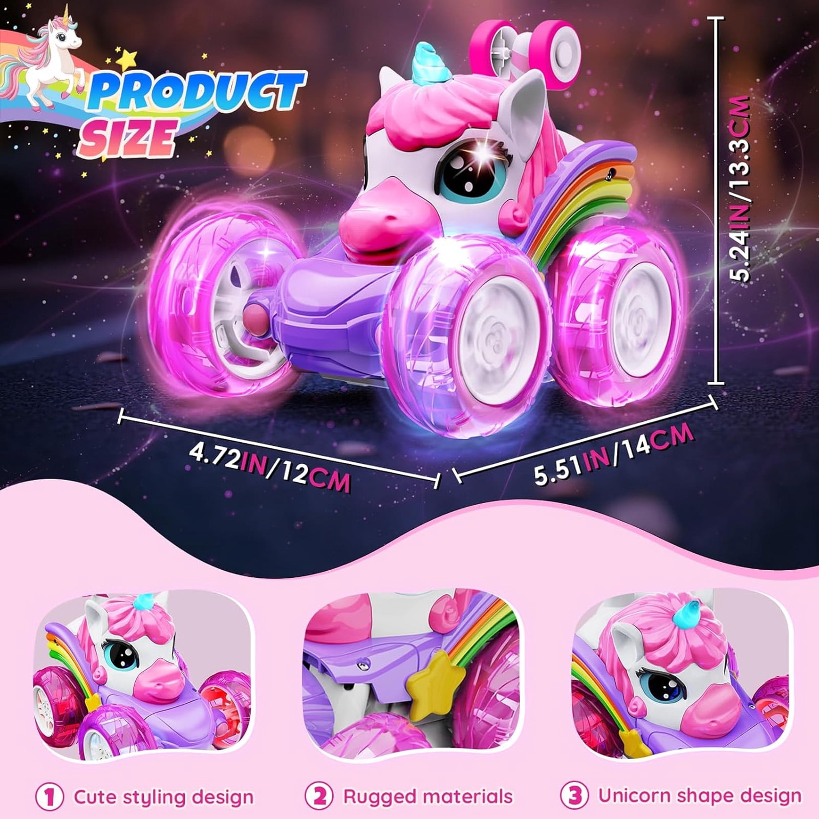 Annexfun Unicorn Toys, Remote Control Car for girls Age 3 4 5 6 - 360° Rotating Pink RC Stunt Cars for Kids, 2.4GHz Toy Car USB Direct Charging with LED Lights, Christmas Birthday Gift for Kids