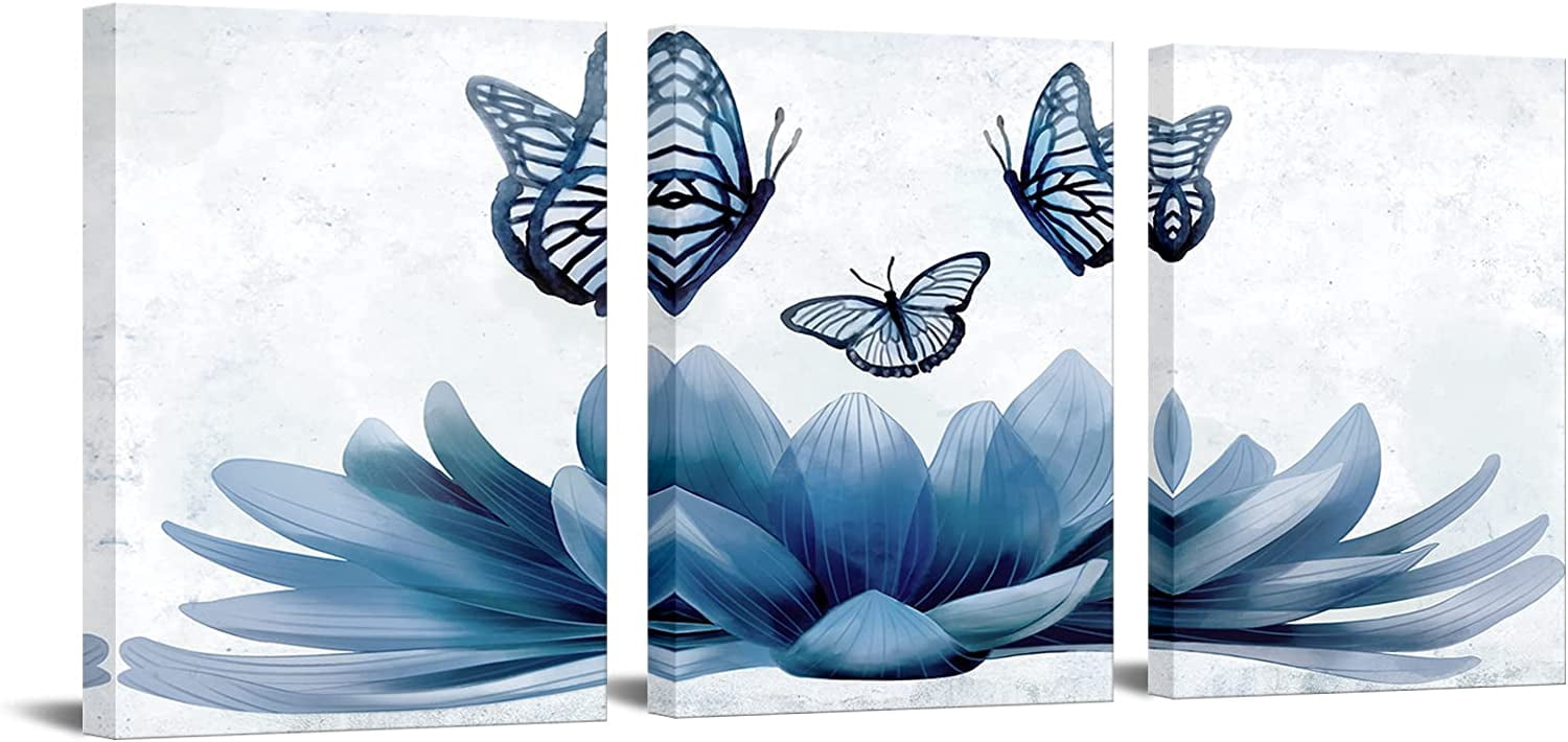 3 Piece Lotus Flower Wall Art Abstract Navy Blue Floral with Butterfly ...