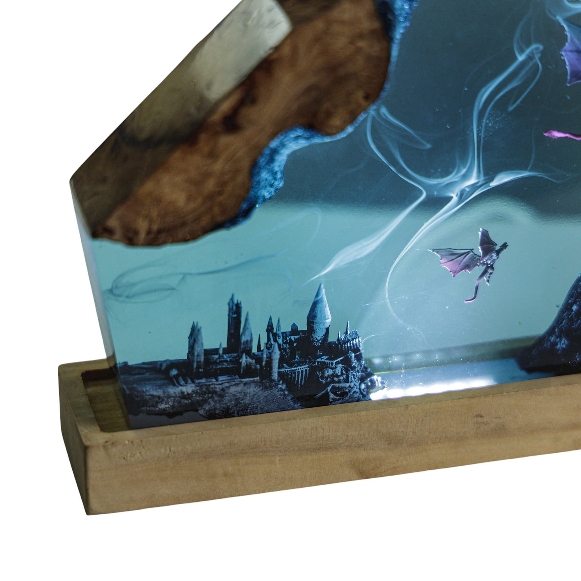 MAGIC WORLD Resin Lamp – Handmade Epoxy Wood Night Light with USB, Gothic Castle LED Desk Lamp for Bedroom Home Decor