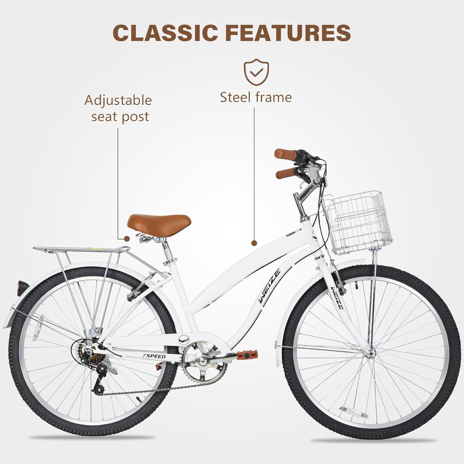 WEIZE Beach Cruiser Bike 26 inch Commuter Bicycle 7 Speed City Bike for Adult Men Women Off-Road Cycling Bicycle with Front Basket Rear Rack, White