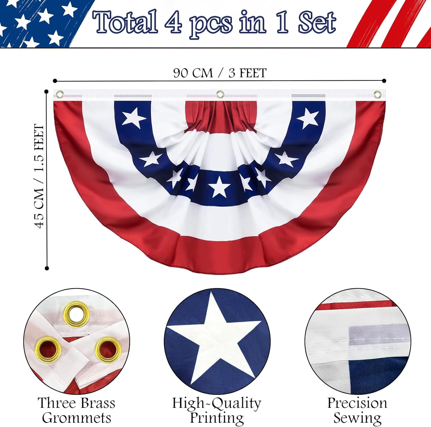 4 Pack USA Pleated Fan Flag, 3 X 6 Feet American US Bunting Flag Patriotic Half Fan Banner Flag Decoration, 4th of July Memorial Day Independence Day Fourth July Outdoor Decor
