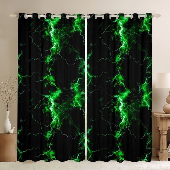 Feelyou Futuristic Lightning Kids Black Out Curtains, Neon Gradient Stripes Curtains Pack of 2 (42x63 Each), Green Abstract Bedroom Curtains, Living Room Curtains Decor