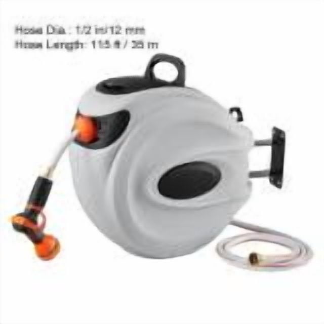 KFFKFF Retractable Hose Reel 115'x1/2" Wall-Mount Hose Reel with 180° Swivel, 9-Setting Nozzle, Auto Rewind, Length Lock, Controlled Retraction