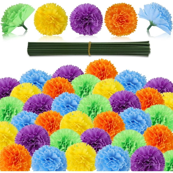 Marigold Flower Heads Bulk, Multiple Color Silk Marigold with Stems Artificial Marigold Garland for Day of The Dead Decoration Dia De Los Muertos Halloween Decor