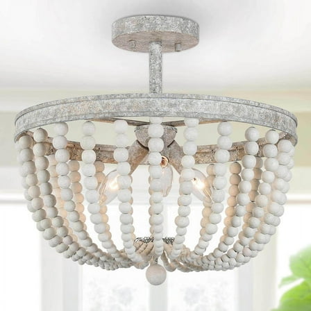 LNC Boho Wood Bead Semi Flush Mount Ceiling Light, 3-Light 16" Fixture in White Grey