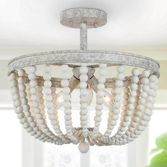LNC Boho Wood Bead Semi Flush Mount Ceiling Light, 3-Light 16" Fixture in White Grey