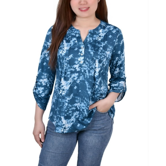 NY Collection Petite Knit Jacquard 3/4 Sleeve Roll Tab Pintuck Top Peacock Blue Tiedye PS