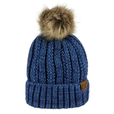 C.C Thick Cable Knit Faux Fuzzy Fur Pom Fleece Lined Skull Cap Cuff Beanie, Blue/Denim