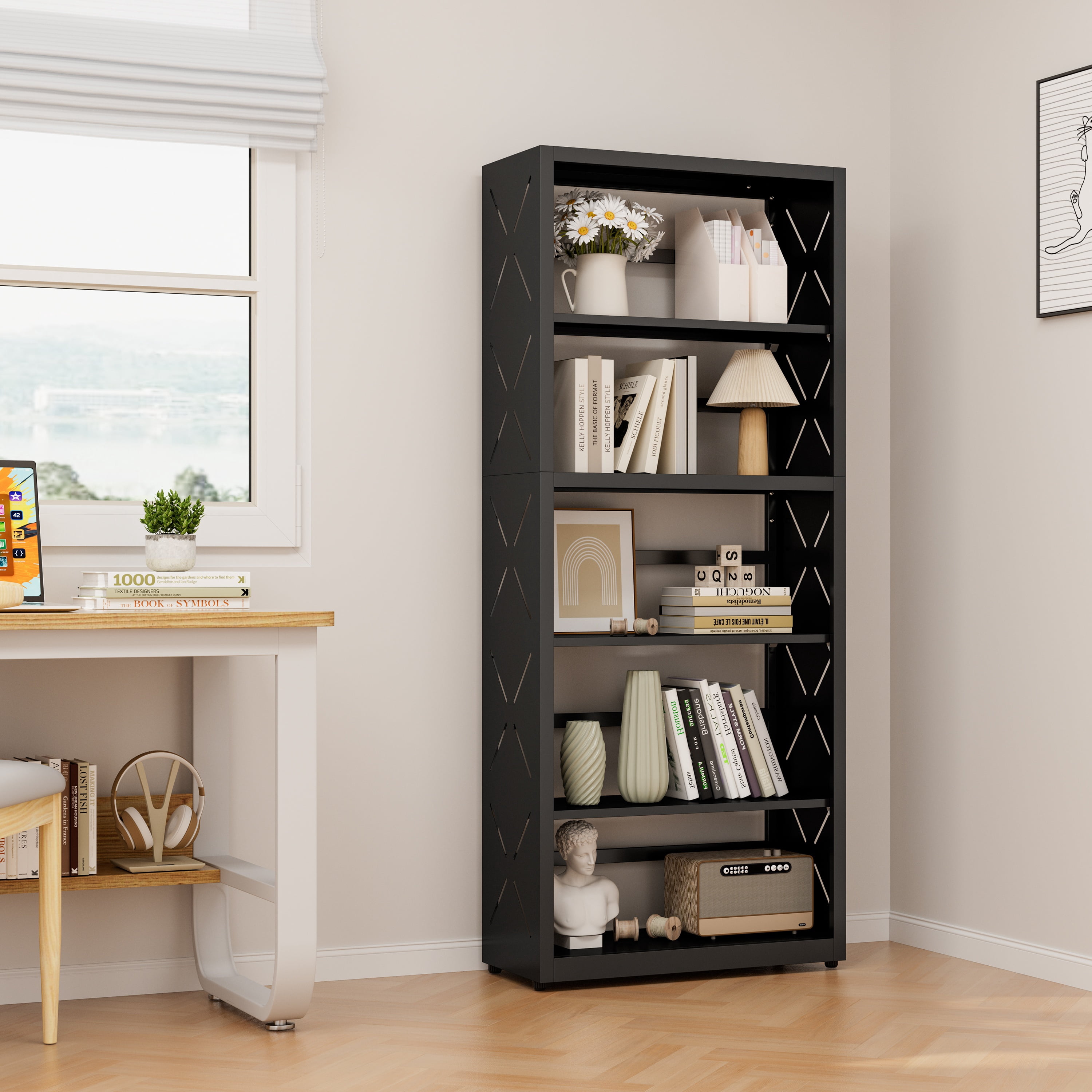 Polup 5-Tier Metal Shelves Bookcase with Bookends Industrial Adjustable Freestanding Black 1-Pack 55 in H x 23 in W