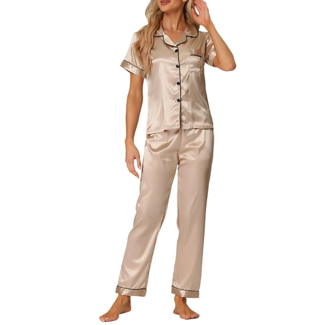 Conjunto de pijama de 2 piezas para mujer INSPIRE CHIC, camisa de dormir con botones y pantalones, ropa de noche, color champán