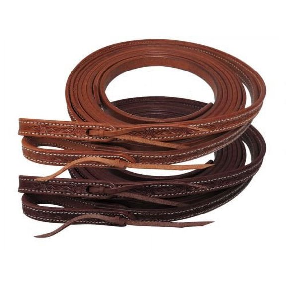 Showman 5/8" x 8' Argentina Cow Leather Barbed Wire Tooled Split Reins (Dark Oil)