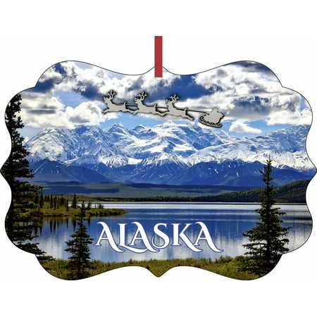 Alaska Christmas Ornament Santa and Sleigh Over The Denali Mountains, Alaska - TM - Double-Sided Benelux Shaped High Gloss Hanging Holiday Ornament ()